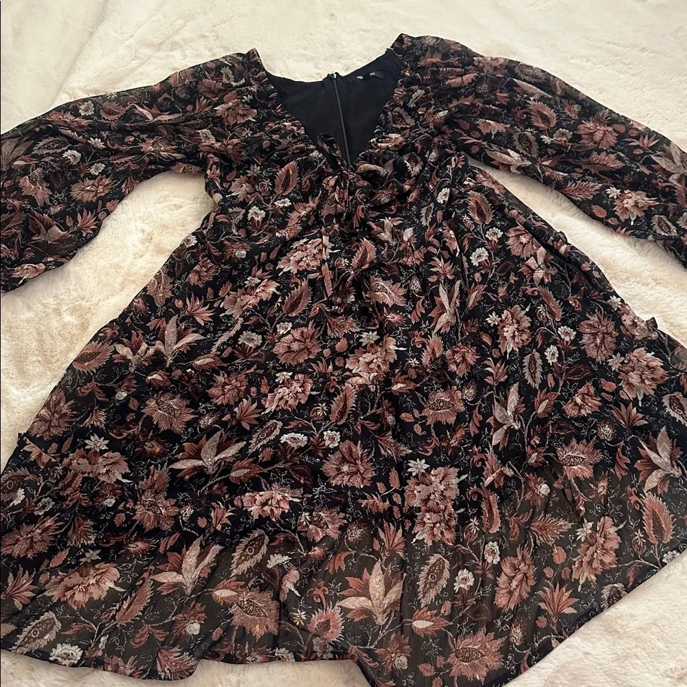 Madewell Black Floral Puff-Sleeve Dress with Pink, Maroon and Cream Blooms, 12 - Picture 12 of 16